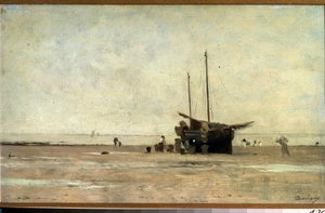 ""Přímořská krajina"" Plachetnice na písku při odlivu. Obraz Charles Francois Daubigny (1817-1878) 1868-1872 Puškinovo muzeum, Moskva od Charles Francois Daubigny