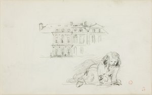 Náčrtky: Hotel de Ville, Tours a hrající si dívka (recto); čáp (verso) od Charles Francois Daubigny