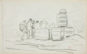 Studie skupiny lidí se sudy (recto); dvě studie ženy při sběru (verso) od Charles Francois Daubigny