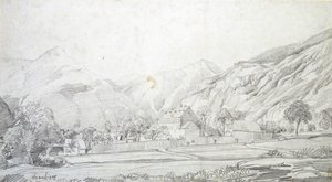 Pohled na budovy v obezděném ohradě s horami v pozadí, polovina 19. století od Charles Francois Daubigny