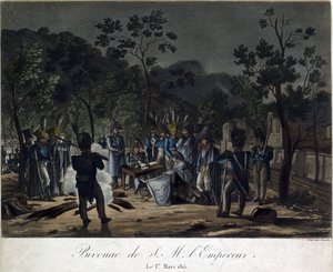 Návrat Napoleona z Elby. Napoleonův bivak v Golfe-Juan dne 1. března 1815 - Levachez, Charles Francois Gabriel (aktivní 1760-1820) - 1815 - Aquatinta - 29,5x30 - Soukromá sbírka