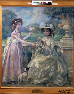 Dvě dívky na terase. Obraz Charlese Francoise Prospera Guerina (1875-1939)