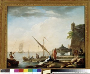Středozemní přístav u fontány. Obraz Charlese Francoise Greniera de la Croix dit Lacroix de Marseille (1720-1782) Soukromá sbírka, Marseille.