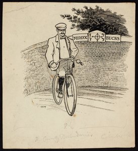 Muž na kole před cedulí označující hranici mezi Middlesex a Buckinghamshire