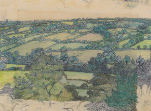 Applehayes, cca 1912 (tužka, pastelka, pero a modrý inkoust na papíře) od Charles Ginner