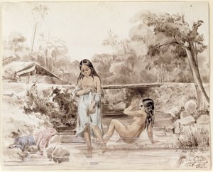 Tahitians Bathing, 1844 (pero a mytí na papíře) od Charles Giraud
