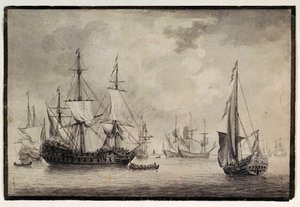 Holandská válečná loď, státní jachta a vzdálená loď v přístavu, konec 18. století (pero, tuš) od Charles Gore