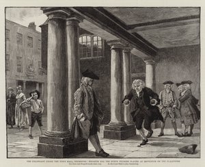 Kolonáda pod radnicí, Rochester, Hogarth a další poutníci hrající si na vlajkových kamenech.