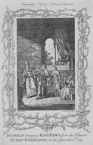 Dunstan táhne krále Edwyho z jeho manželky královny Ethelgiva v den korunovace, 1773. od Charles Grignion