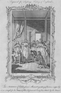 Abatyše z Coldinghamského kláštera se sebepoškozuje, aby se vyhnula znásilnění vikingskými nájezdníky, 1773.