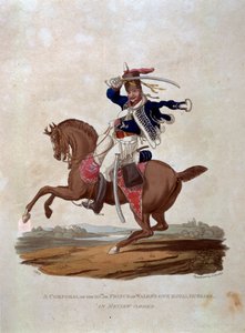 Desátník 10. královského husarského pluku prince z Walesu v přehlídkovém řádu, z knihy "Costumes of the Army of the British Empire, according to the last regulations 1812", vyryl J. C. Stadler, pub.
