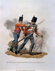 Důstojník a vojín 53. pluku lehké pěchoty, z „Kostýmy armády Britského impéria, podle posledních předpisů z roku 1812“, vyryl J.C. Stadler, vydal Colnagh