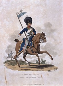 Royal Artillery Mounted Rockett Corps, z knihy "Costumes of the Army of the British Empire, according to the last regulations 1812", vyryl J.C. Stadler, vydáno Colnaghi und Co. 1812-15 (coloroure). od Charles Hamilton Smith
