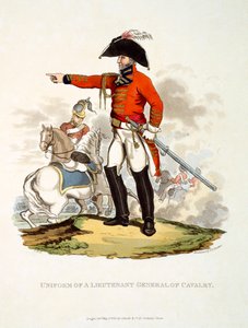 Uniforma generálporučíka kavalérie z „Kostýmu Britského impéria podle posledních předpisů“, publikovaná v roce 1813 (ručně kolorovaná akvatinta) od Charles Hamilton Smith
