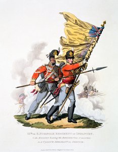 Uniforma a barvy 9. pěšího pluku z Východního Norfolku, z knihy "Costume of the British Empire, according to the Last Regulations", vydané v roce 1813 (ručně kolorovaná akvatinta) od Charles Hamilton Smith
