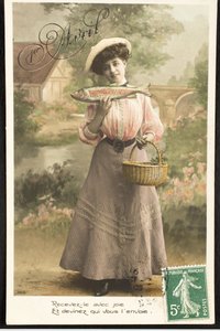 Stará pohlednice/Aprílová ryba/Žena z Belle Epoque od Augustus Kollner
