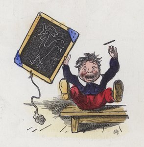 Chlapec s obrázkem kohouta nakresleným na tabuli (barevná rytina) od Charles Henry (after) Bennett