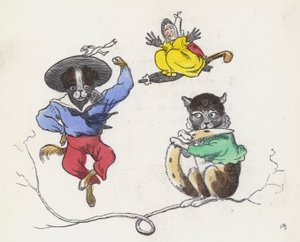 Dame Trottypeg a její mazlíček kočka a pes (barevná rytina) od Charles Henry (after) Bennett