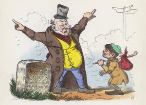 Muž dává matoucí pokyny cestujícímu na cestě do Londýna (barevná rytina) od Charles Henry (after) Bennett