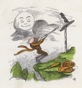 Muž střílející do klobouku ve frustraci z toho, že nemůže zasáhnout Měsíc (barevná rytina) od Charles Henry (after) Bennett