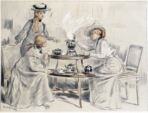 Dámy pijící čaj kolem malého samovaru - kresba Henri Tenré, ca. 1910