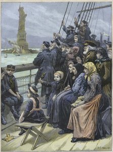 Židovští přistěhovalci přijíždějící do New Yorku Usa v roce 1892 - Židovští uprchlíci z Ruska míjející kolosální sochu v newyorském přístavu - rytina Charlese Josepha STANILAND- „“ Příjezd židovských emigrantů do New Yorku v roce 1892, ilustrace Charlese J