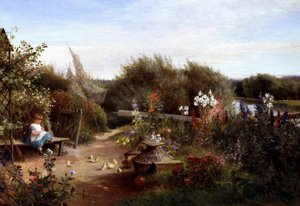 V zahradě. Na zahradě sedí holčička na lavičce a dává kuřátkům semínka. Obraz Charlese Jamese Lewise (1830-1892, Velká Británie) Soukromá sbírka