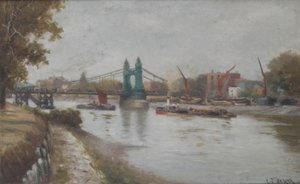 Hammersmith Bridge - současný - po roce 1887 - při pohledu z pobřeží Surrey od Charles John de Lacy