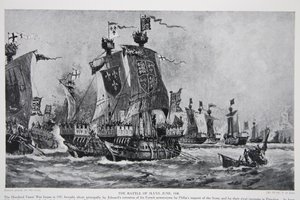 Bitva u Sluys, 24. června 1340, ilustrace z „Hutchinsonova příběhu britského národa“, kolem roku 1923 od Charles John de Lacy