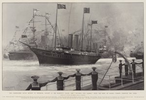 The Coronation Naval Review na Spithead, 16. srpna, jachta Jeho Veličenstva, Victoria a Albert, s králem na palubě, proplouvající liniemi