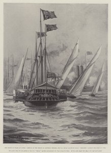 Princ z Walesu v Cowes, příjezd prince v sobotu večer, 30. července, královský pozdrav od HMS Crescent, kapitána vévody z Yorku