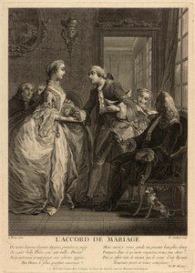 Manželská dohoda. Mladý muž vloží peněženku do rukou mladé ženy, do očí dotčených lidí, notářů a rodičů. Dílo Charlese Eisena (1720-1778), rytina