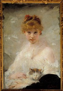 Obraz Mladá dívka s kočkou od Charlese Chaplina (1825-1891) Compiegne z 19. století, Národní muzeum na zámku