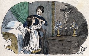 Znamení kříže. v „“ Celý náboženský charakter – Věřím v bohy“, sd., ilustrace Jouvenota z konce 19. století. Knihovna katechismů. Paříž. Kolekce Leemage od Charles Jouvenot