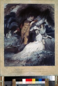 "La partie de peche"" (Rybářský večírek) mladý buržoazní v nedělním oblečení držící rybářské pruty. Litografie Charlese Knighta (1743-1826) Puškinovo muzeum, Moskva