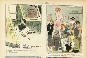 Ilustrace Chas-Laborde (1886-1941) v Le Rire, 21/03/08 - Meli-Melo - Umění, výuka, nahota - Model (který pózuje)
