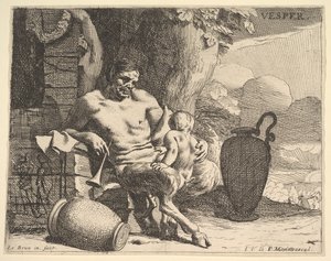 Večer: sedící satyr sevře své dítě, na molu za ním postava zavěsí girlandu, f..., ca. 1640. od Charles Le Brun