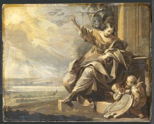 Německy: Sedící ženská postava se dvěma putti a říční krajina, grisaille Alegorická ženská postava se dvěma putti od Charles Le Brun