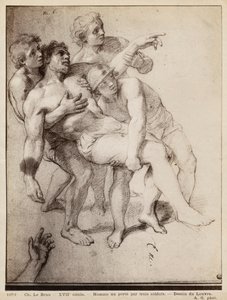 Polonahý muž podporovaný třemi muži, studie pro „Alexandr Veliký a Porus“ nebo „Porážka Porus“, kolem 1665-73 (zvýraznění pierre noire a bílá křída na béžovém papíře) od Charles Le Brun