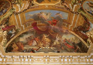 Holandsko přijímá mír a odpoutává se od Svaté říše římské a od Španělska v roce 1678, nástropní malba z Galerie des Glaces od Charles Le Brun