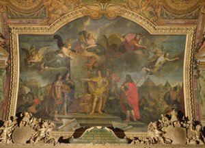 Král Ludvík XIV. (1638-1715) dává rozkaz k současnému útoku na čtyři nejsilnější holandské pozice v roce 1672, Stropní malba z Galerie des Glaces od Charles Le Brun