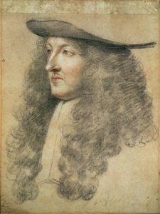 Portrét hlavy krále Ludvíka XIV., kolem roku 1663 (černá, červená a bílá křída na papíře)