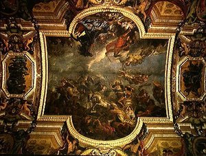Pohled na Krále dobytí Maastrichtu za třináct dní v roce 1673 a Průchod na Rýnu v přítomnosti nepřátel v roce 1672, nástropní malba z Galerie des Glaces od Charles Le Brun