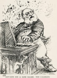 Karikatura Charlese Camille Saint-Saense, francouzského skladatele, klavíristy a varhaníka od Charles Leandre