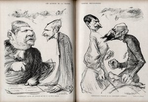 Případ Dreyfus - Herci velké dreyfusovské komedie - právník Fernand Labori (1860-1917) - právník Louis Leblois (1854-1928) - velitel Ferdinand Walsin Esterhazy (1847-1923) - generál Georges Picquart (1854-1914 ) - Karikatura od Karla od Charles Leandre