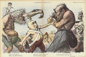 Emile Combes se snaží udržet Camille Pelletan a Maurice Rouvier od sebe, ilustrace pro Le Rire