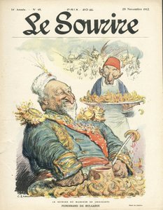 Ilustrace Charles Leandre (1862-1934) na obálku Le Smile, č. 48, 28. 11. 12 - Úsměv požírače croissantů - Turecko, Orient, Balkán, Bulharsko - Ferdinand de Bulgaria od Charles Leandre