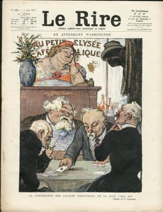 Ilustrace Charlese Leandre (1862-1934) v Le Lire, 06/08/21 - Mezitím Washington - Volby, prezident republiky - Marianne, Fallieres Armand, Poinsare Raymond, Deschanel Paul - karetní hra od Charles Leandre