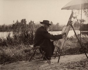 Malíř Lhermitte Léon (1844-1925), při práci na břehu Marny, nedaleko od svého pozemku, asi 1914-1915, Francie od Charles Lhermitte