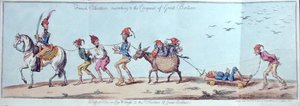 Francouzští dobrovolníci pochodující na dobytí Velké Británie, lept James Gillray (1757-1815), vydaný Hannah Humphrey v roce 1803 (ručně kolorovaný lept)
